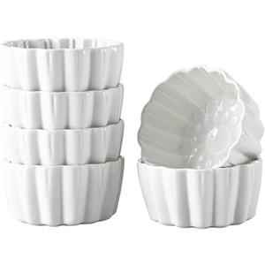 Ceramic Ramekins 6 Oz - Creme Brulee, Souffle Porcelain Ramekins Oven-Safe, Pudding Custard Cups For Baking, Dishwasher And Microwave Safe, Cute-Shaped, 6 Piece Set, White