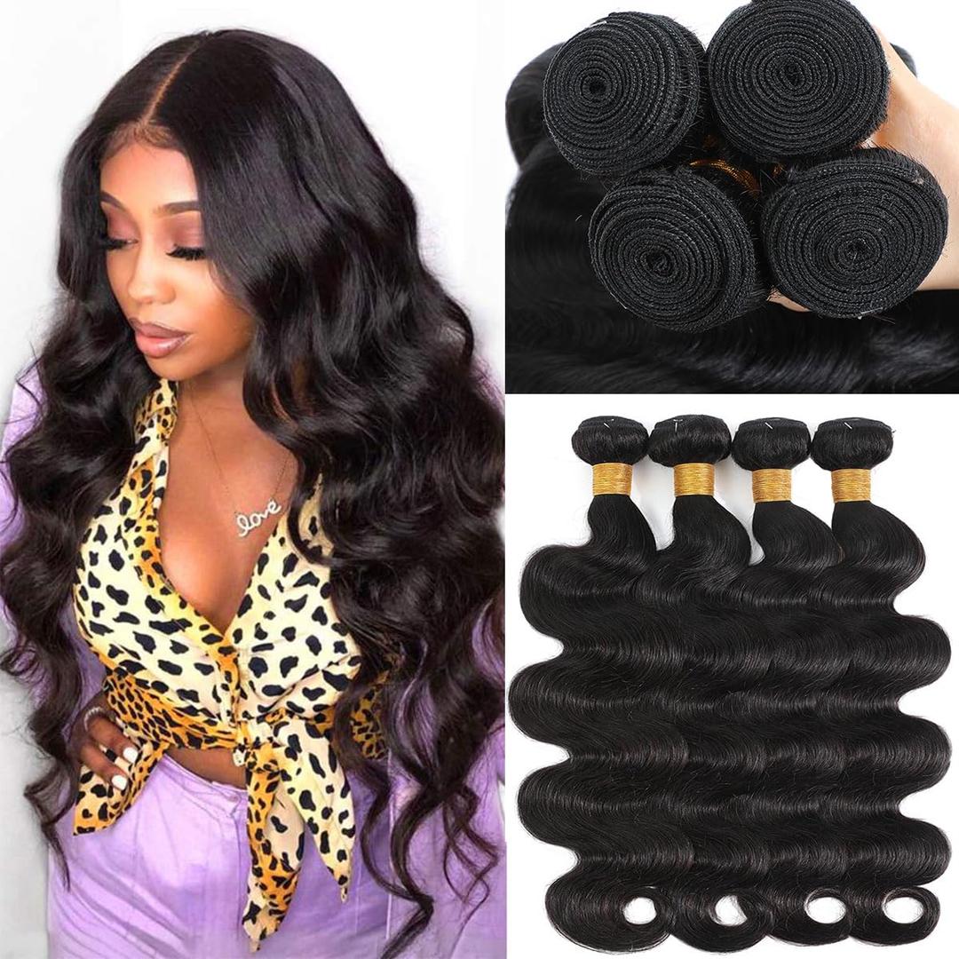 Human Hair Bundles 20 22 24 26 Inch 12A 100% Unprocessed Brazilian Virgin Hair Glossy Quick Weave Body Wave 4 Bundles Deals Natural Black Extensions
