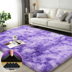3x5 Rugs for Bedroom, Fluffy Area Rugs for Living Room, Soft Shag Kids Rug Small Carpet with 4 Non-Slip Rug Pads (Purple TieDyed, 3ft x 5ft)