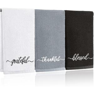 SmoothNovelty 3 Pcs Black White and Gray Fingertip Towels 100% Cotton Fall Farmhouse Bathroom Hand Towels 12 x 18 in Decorative Embroidery Blessed Thankful Grateful for Thanksgiving Gift Home Decor
