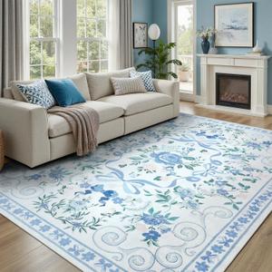 DCX Washable 8x10 Bow Rug, Blue Floral Rug for Girls Bedroom, Cute Soft Low Pile Indoor Dcor Carpet, Kid & Pet Friendly Nursery Rug for Living Room, Dorm, Playroom