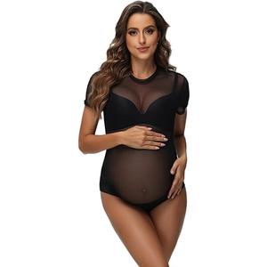 JustVH Maternity Bodysuit for Photoshoot Sheer Mesh Pregnancy Bodysuit Maternity Photography Outfits  (X-Large, Black)