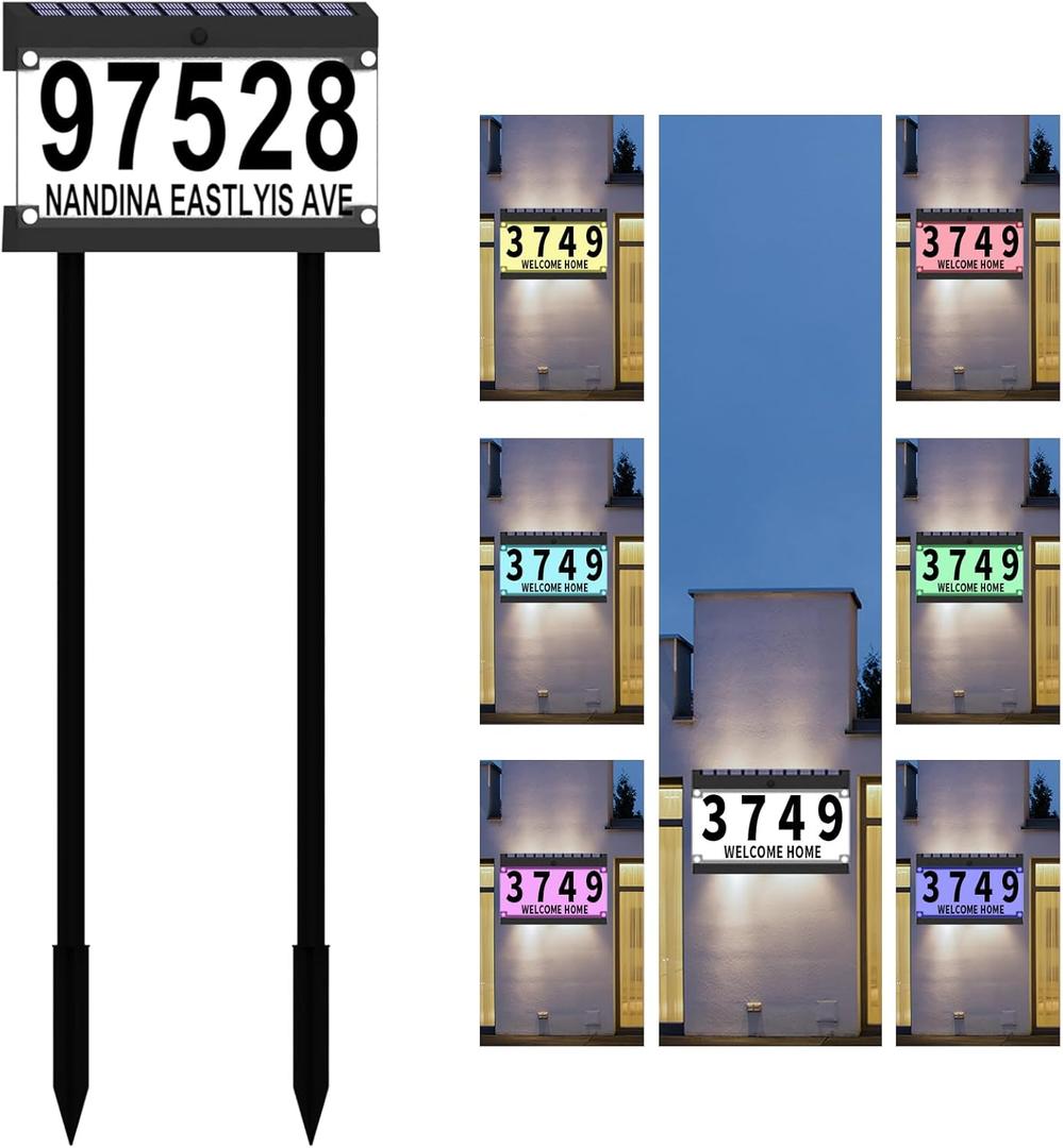 Acrylics Solar Address Numbers for House, Address Sign with Double Stakes, Waterproof RGBW Color Changing, Lighted Modern Address Plaque Solar Powered for Street Yard Park Garden, 36.3"L x 11.8"W
