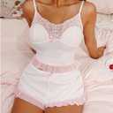 SweatyRocks Women's 2 Piece Pajama Set Ruffle Trim Crop Cami Top and Shorts Cute Lounge Set (White)