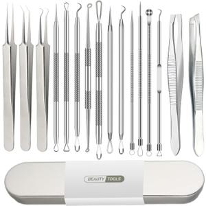 16 Pcs Pimple Popper Kit - Blackhead Remover & Acne Extractor Tool - Professional Stainless Steel Tweezers for Eyebrows, Pimples & Blemishes - Tools for Beauty Salons