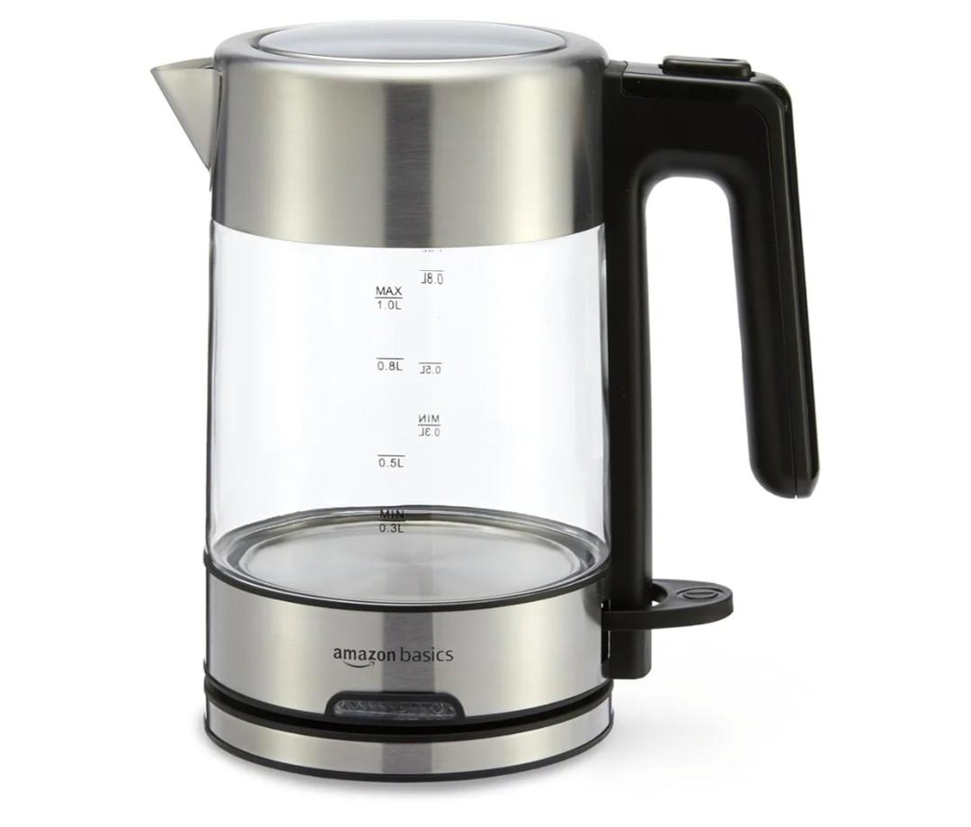 Basics Electric Kettle with Glass Carafe for Tea and Coffee, BPAFree, Fast Boiling, Auto ShutOff, 1 Liter, 1500W, Glass and Steel
