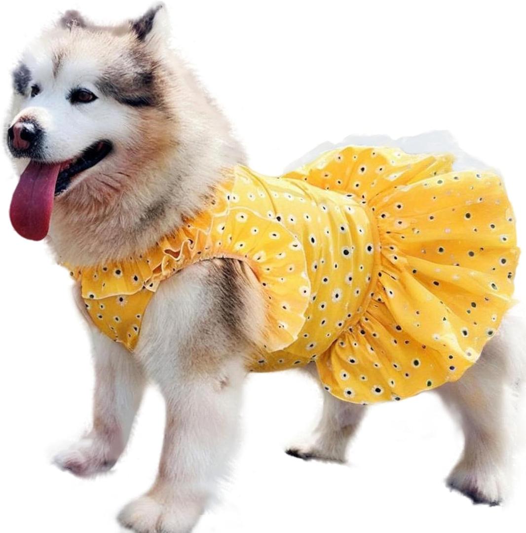 Floral Girl Dog Princess Dress - Designer Summer Tutu Skirt for Large Dogs, Lightweight & Breathable, Perfect for Wedding Birthday Party (Yellow, 3XL)