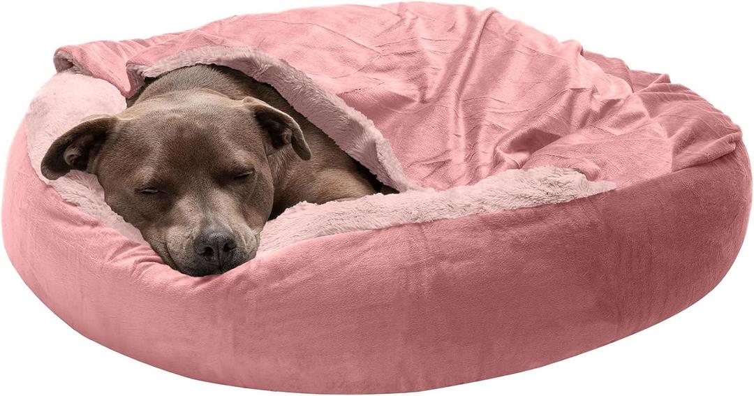 Furhaven 27" Round Calming Donut Dog Bed for Medium/Small Dogs, Washable, For Dogs Up to 45 lbs - Plush Velvet Waves Hooded Donut Bed - Rose Pink, Medium