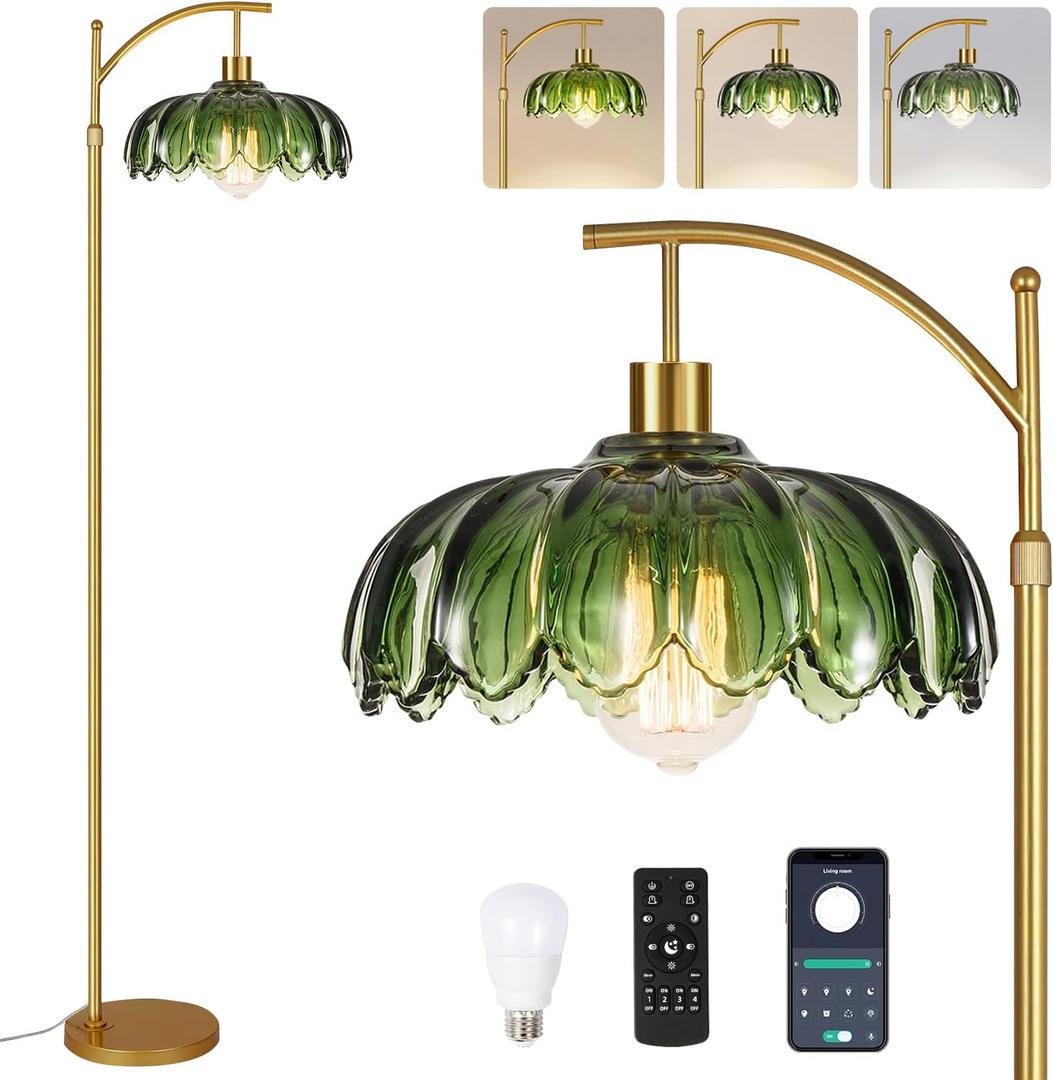 Glass Floor Lamp for Living Room,Bedroom,Gold Dimmable Standing Lamp with Remote,Mid Century Modern Brass Tall Lamp Boho Vintage Retro Floor Lamps Arc Green Flower Floor Light Lamp Bohemian