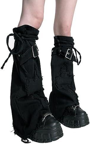 Micotaku Women's Gothic Punk Y2K Cross Style Knit Long Leg Warmers Loose High Socks with PU Leather Straps