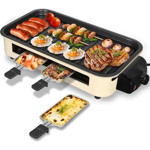 2-in-1 Indoor Smokeless Electric Grill with Raclette Cheese Plates - 1500W Korean BBQ Griddle, 16x9" Nonstick Surface, 3 Raclette Cheese Pans, Dishwasher Safe for Family, Party, Kitchen Use