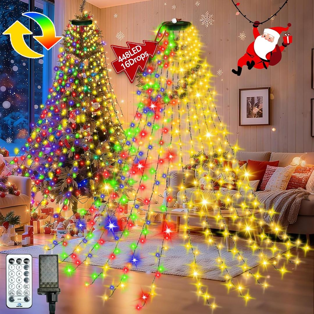 2025 New Christmas Tree Lights Indoor with Remote | 448LED Waterfall Tree Topper Lights with 12 Modes & Timer, 7FT x 16 Lines Cascading Twinkle Lights for 7FT Xmas Decoration(WarmMulticolor)