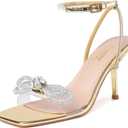 Susanny Women's Closed Toe Rhinstone Wedding Low Heel Slingback Clear Kitten Heels,Adjustable Strap Pointed Toe Bow Pumps High Heeled Prom Dress Shoes (Gold)