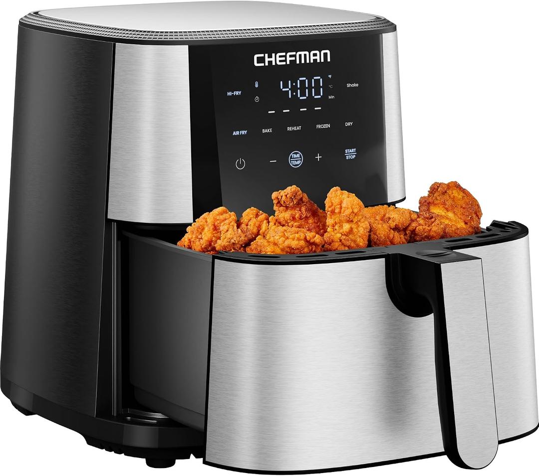 Chefman Air Fryer 6 Qt | TurboFry 5-in-1 with 450F Hi-Fry Option for Crispier Results | Bake, Dehydrate, Frozen | XL Nonstick Dishwasher-Safe Basket | Stainless Steel