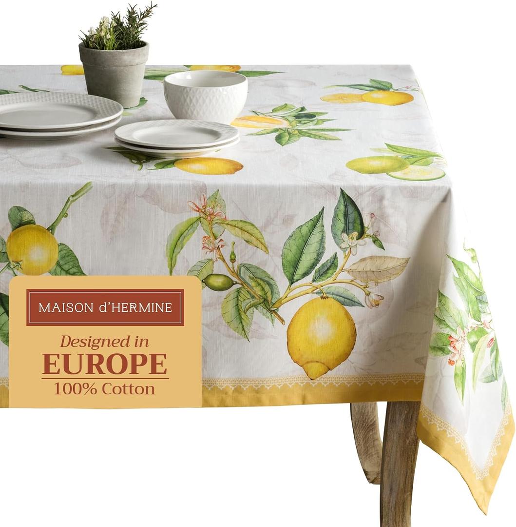 Maison d' Hermine Table Cloth Rectangle Table 100% Cotton 70 x 120 Inches Tablecloth Reusable Decorative for Dining Kitchen Room Farmhouse Home Spring Summer - Limoncello