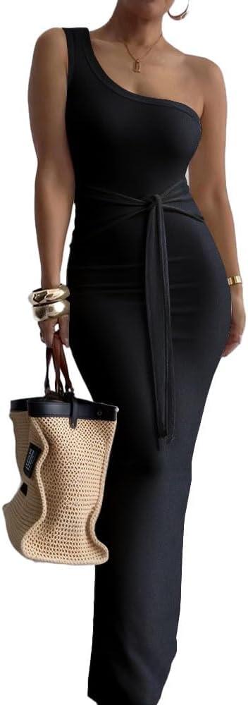 Nimsruc Womens Summer One Shoulder Long Dress Sexy Slim Sleeveless Bodycon Party Cocktail Maxi Dresses for Women 2026, Small