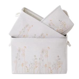 Storage Basket 3 Pack, Fabric Storage Basket for Three Sizes，Floral embroidery,Collapsible Canvas Storage Baskets for Organizing,Shelf,Nursery,Home,Closet,with Cotton Rope Handle(Off White-3PCS)