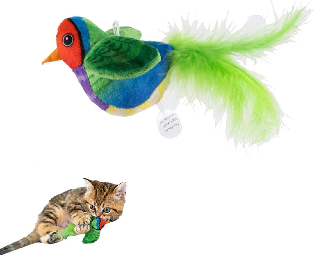 Chirping Bird Cat Toy with Electronic Sounds & Feathers  Interactive Kitten Toy for Indoor Cats, Self-Play Exercise & KickerNo Flapping Green