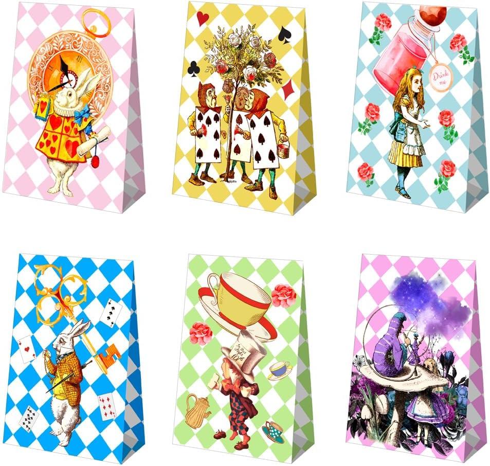 Htabiol Alice in Wonderland Gift Bags for Presents, 24pcs Alice in Wonderland Party Favors Goodie Bags with Sealing Sticker, Fit for Girl's Onederland 1st Birthday, Mad Hatter Tea Party Decorations