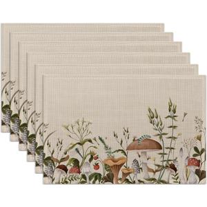 Mushroom Plants Placemats Set of 6,Washable Heat Resistant 1218 Inch Linen Table Mats Fall Place Mats for Party Outdoor Dining Dcor