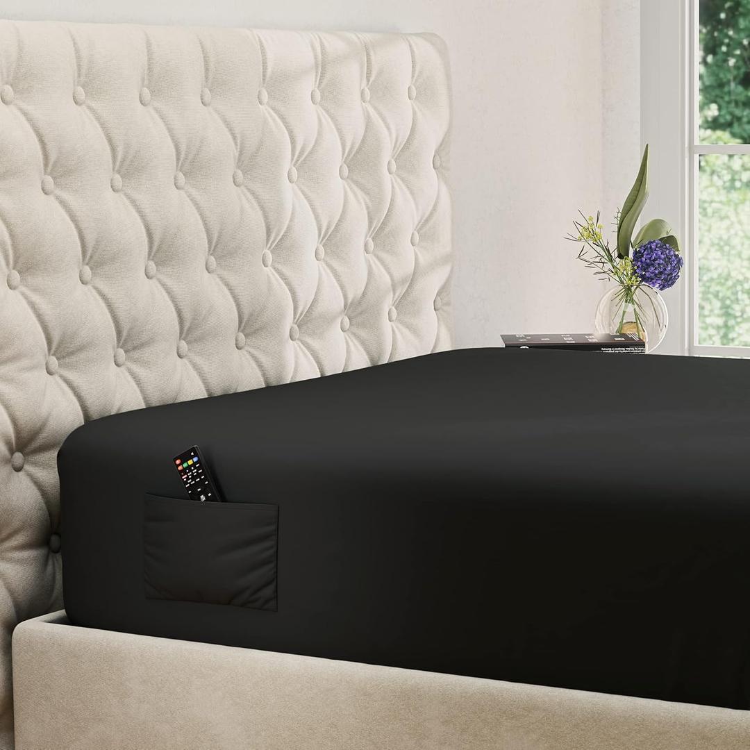 DREAMCARE King Fitted Sheet Only - Extra Deep Pocket Fitted Sheet - Fits up to 21 inch Mattress - Deep Pocket King Sheets - Hotel Luxury - Oeko-Tex Certified Sheets - 1 Fitted Sheet Only (Black)