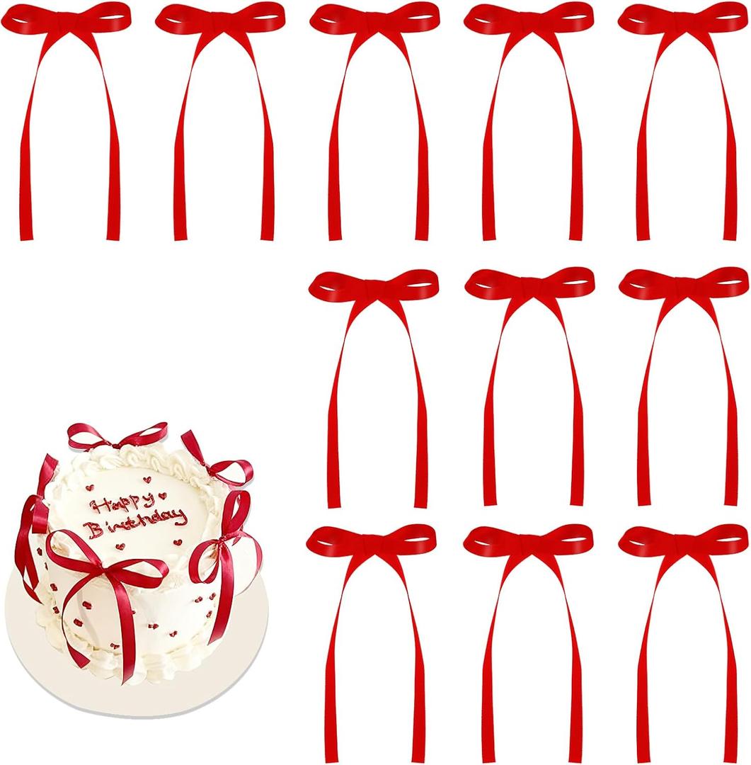 30 Pack Bow Cake Toppers Red Ribbon Bows for Cake Coquette Themed Bow Cupcake Toppers Graduation Decoration Bow Birthday Decorations for Baby Shower, Wedding, Engagement, Bachelorette Party