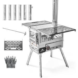 Multi-Fuel Camp Stove with Baking Oven & Steel Chimney Pipe  Portable Tent Stove for Outdoor Shelter Heating, Cooking, and Wilderness Survival(Silvery)
