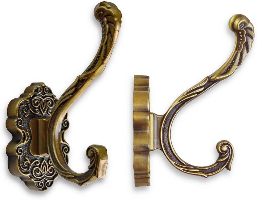 Vintage Brass Coat Hooks Wall Mount - 2 Pack Heavy Duty Rustproof Decor for Hanging Towels, Jackets, Hats - Easy Install Kit for Bathroom, Entryway, Mudroom & Bedroom