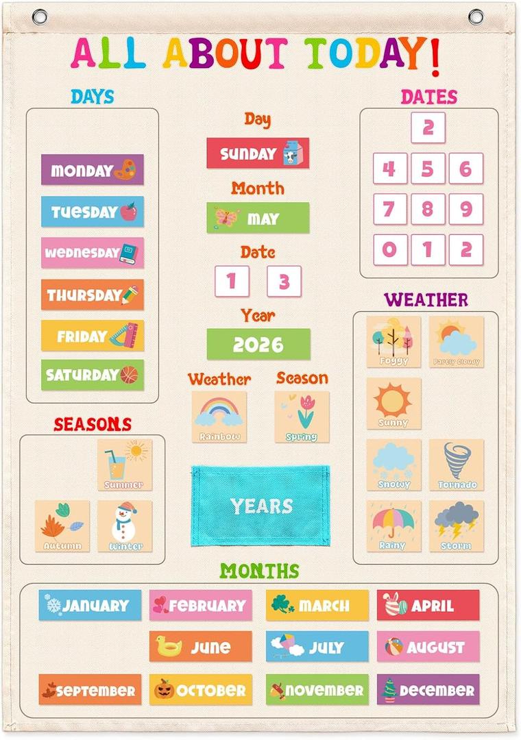 All About Today Calendar Chart for Kids, Morning Circle Time Learning Board for Preschool, Weather & Seasons Educational Chart, Days of Week and Months Learning Materials for Homeschool