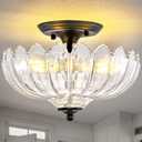 Clear Glass Ceiling Light Fixture - Handmade Art Glass Semi Flush Mount Lighting with 3 E26 Bases, Crystal-Like Transparency for Bedroom Kitchen Hallway, Modern Vintage Home Decor