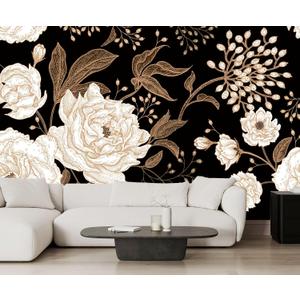 Vintage White Rose Floral Wallpaper Peony Wall Mural Large Black Background Wall Decor for Living Room Bedroom Dining Room Basement(Not Self-Adhesive) (127" x 77", 249)