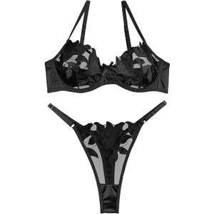 Lilosy Sexy Satin Mesh Floral Sheer Embroidered Underwire Lingerie Set 2 Piece Women (Black, L)