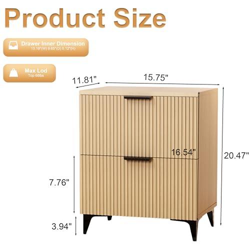 Royal Windsor Small Night Stand Set of 2, Fluted Nightstand with 2 Drawers, Side End Table with Storage, Modern Night Stand Bedside Table for Small Indoor Rooms, Natural Oak