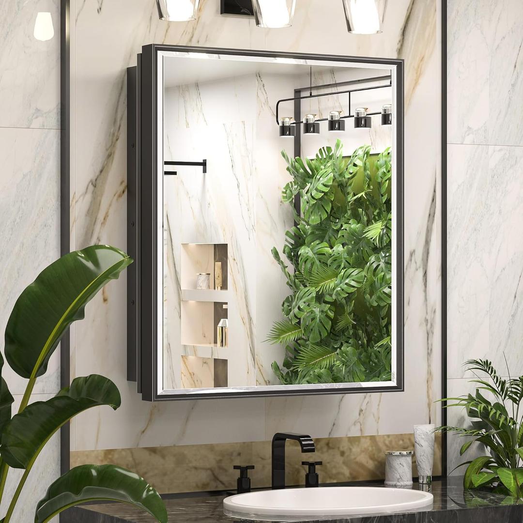 Keonjinn 21" x 27" Black Medicine Cabinet for Bathroom, Recessed or Surface Wall-Mounted Aluminum Alloy Framed Beveled Mirror with Storage, Mirrored Cabinets with 2 Adjustable Shelves for Bath Modern
