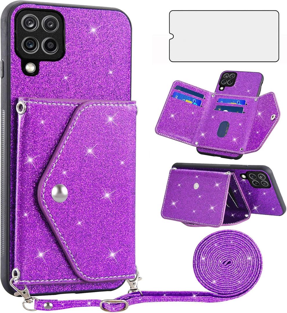 Asuwish Phone Case for Samsung Galaxy A22 4G 6.4 inch Wallet Cover with Tempered Glass Screen Protector and Crossbody Strap Lanyard Bling Glitter Credit Card Holder M32 M22 F22 A 22 22A G4 Purple