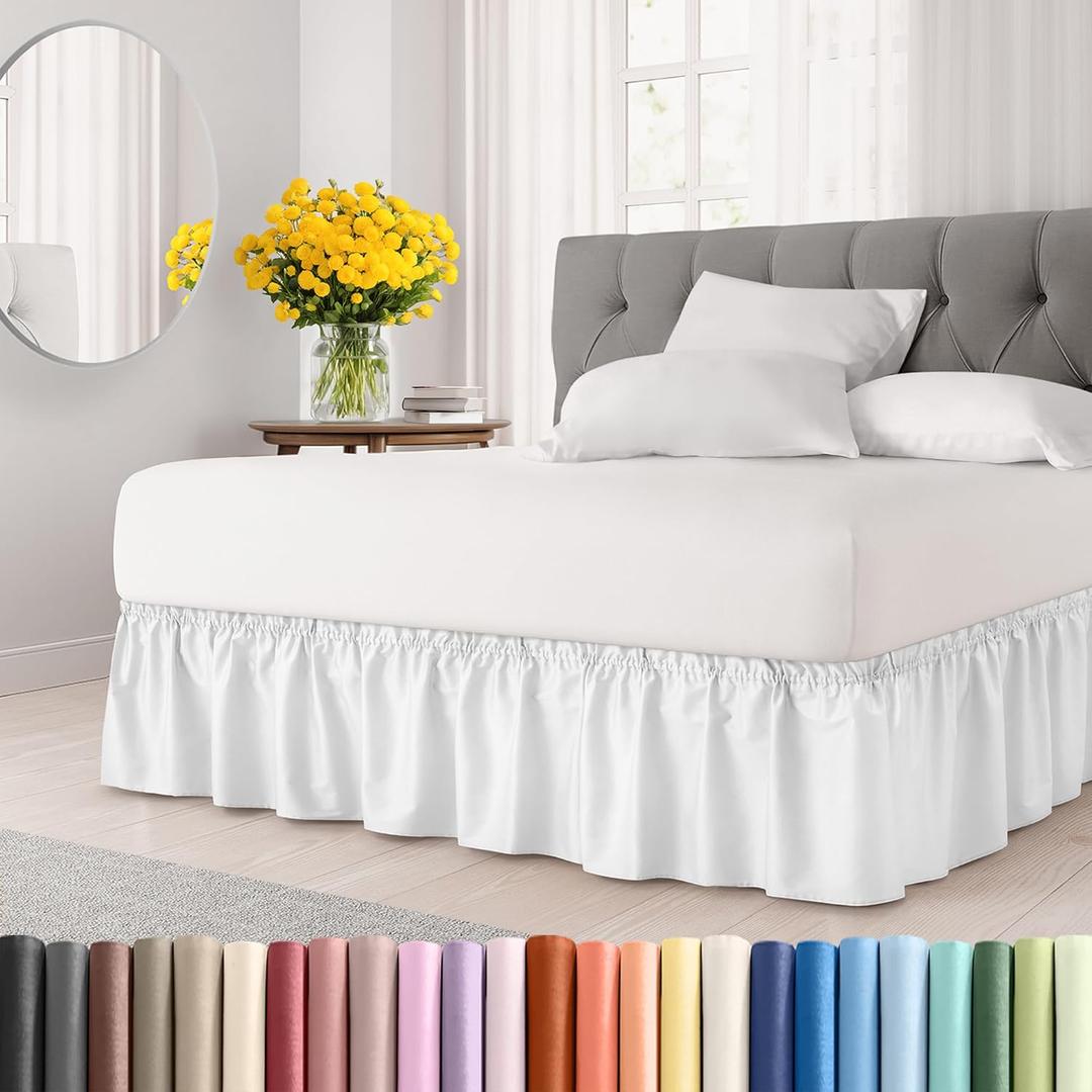 Wrap Around Dust Ruffle Bed Skirt - White - for Queen Size Beds with 12 Inch Drop - Easy Fit Elastic Strap - Adjustable Pleated Bedskirt w/Brushed Fabric - Wrinkle Free - for Women, Men, Kids & Teens (01 - White)
