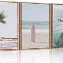 CHDITB Beach Framed Canvas Wall Art Set, Palm Tree Surfboard Seascape Wall Decor, Ocean Surfing Wall Painting, Coastal Art Print for Living Room, Bedroom, Dining Room, Bathroom - Large Size 16"x24"x3