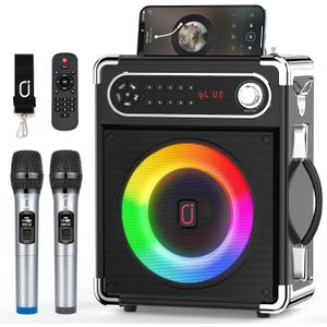 JYX Karaoke Machine with Two Wireless Microphones, Portable Bluetooth Speaker with Bass/Treble Adjustment, PA System with Remote Control, LED Lights,Supports TF Card/USB, AUX IN, FM, REC,TWS for Party