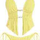 ZAFUL Halter Swimsuits for Women Textured Backless 2 Piece Bathing Suits Cheeky High Cut String Tie Side Bikini Sets (Yellow, L)