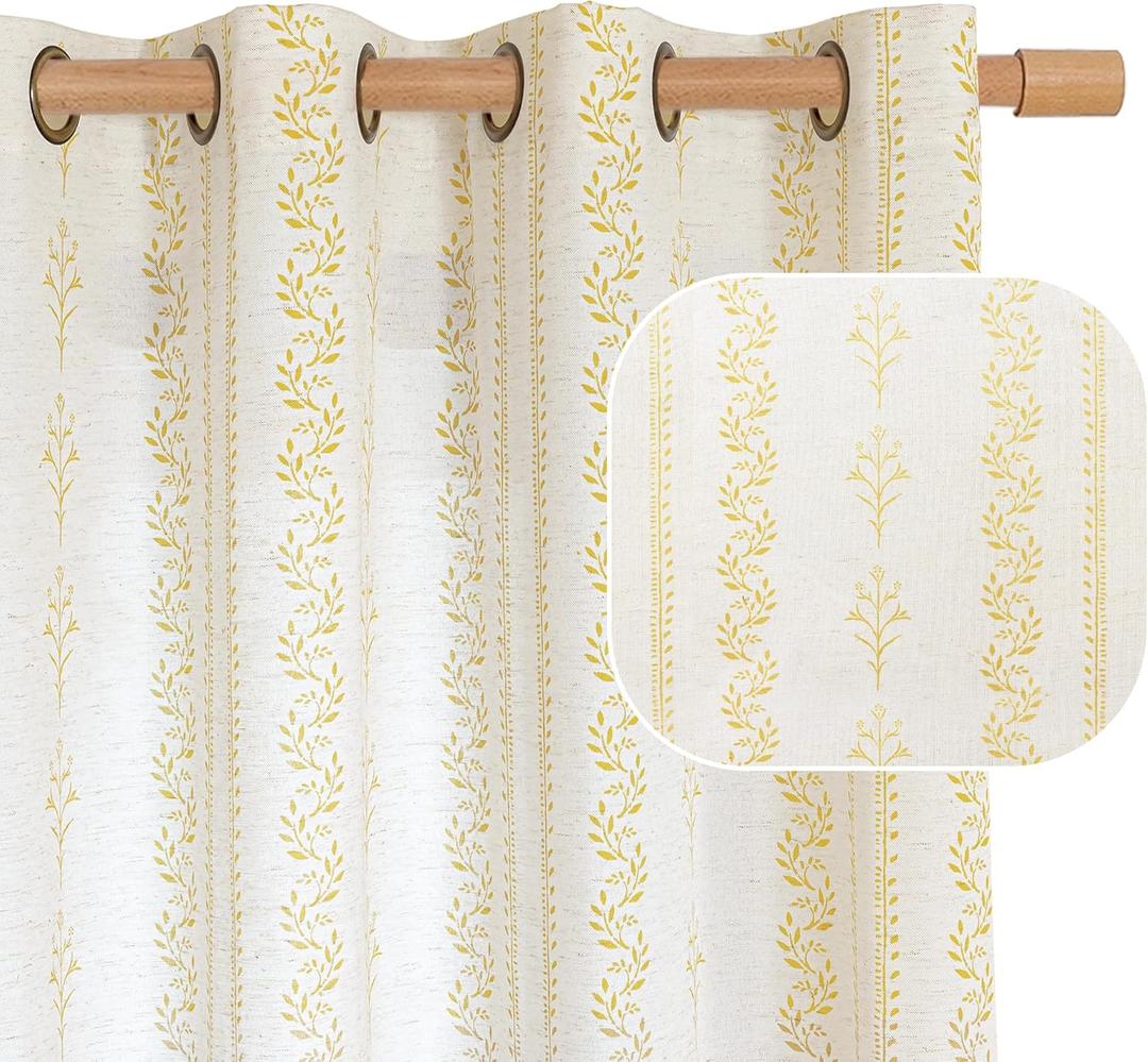 BGment Mustard Yellow Vintage Floral Linen Curtains for Farmhouse - Boho Curtains 63 Inch Long Light Filtering Window Drapes for Country Rustic Bedroom, Each 52 Inch Wide, 2 Panels Set