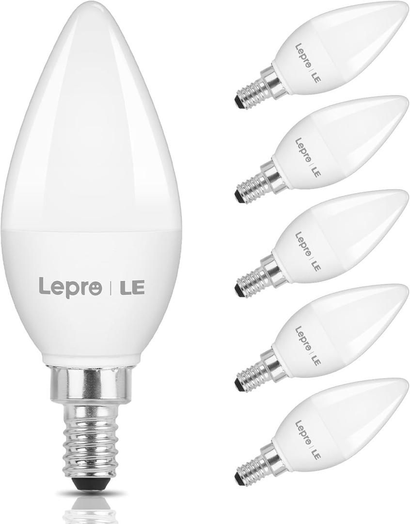 Lepro E12 LED Candelabra Light Bulbs, 5000 Kelvin Daylight White 5.5 watt, 40 watt Equivalent B11 C37 Ceiling Fan Bulb Chandelier Bulbs, Type B Small Base Candle Lights, Plastic, Not-dimmable, 6-Pack