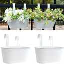 10" Hanging Flower Pots, Pack of 2 White Metal Outdoor Patio Balcony Planter, Railing Planters Fence Pot with Detachable Hook & Drainage Hole for Small Plants (White, 2Pcs)