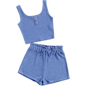 RoseSeek Girl's 2 Piece Outfits Waffle Knit Scoop Neck Button Down Crop Tank Tops Paperbag Waist Track Shorts Blue 12-13Y RoseSeek Girl's 2 Piece Outfits Waffle Knit Scoop Neck Button Down Crop Tank Tops Paperbag Waist Track Shorts Blue 12-13Y