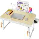 Laptop Desk for Bed, Adjustable Height Laptop Bed Table, Foldable Lap Desk with USB Charge Port, Desktop Card Slot, Side Drawer, Book Shelf, Portable Lap Tray for Eating Reading Working Sofa & Floor (White)