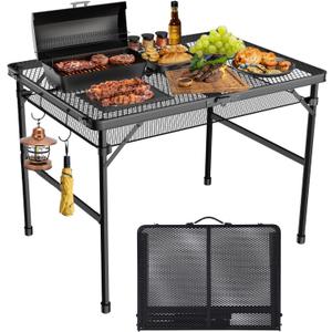 Folding Camping Table with Mesh Desktop, 3x2 FT Aluminum Folding Grill Table, Adjustable Height Metal Folding Table with 2 Heights, Portable Table for Outdoor BBQ Grill Picnic Cooking