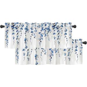 2 Pack Watercolor Blue Leaves Window Valance for Bedroom Living Room, Leaf Vine Plant Curtains Valanes for Windows, 3" Rod Pocket Window Treatment for Season Home Decorations, 54 x 18 Inch, 2 Panel