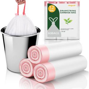 1.2 Gallon Small Trash Bags Drawstring - White Mini Garbage Bags (Fit 1-1.3 Gallon) 5 Liter 60 Count Unscented Strong Plastic Tiny Little Waste Basket Liners for Kitchen Car Office Magesh