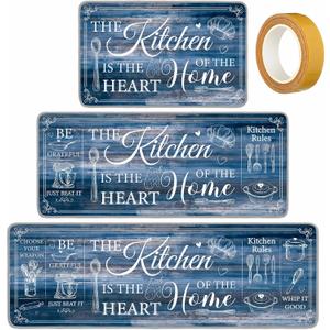 Bencailor 3 Pieces Kitchen Rugs Set Non Slip Washable Kitchen Mats Farmhouse Welcome Door Mat Floor Rugs Absorbent for Home Laundry Living Room and Hallway,3 Sizes(Blue), one size