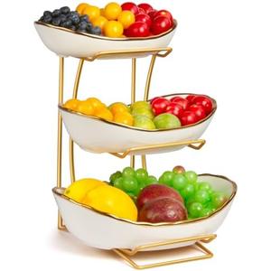 YUNLINLI Fruit Bowl for Kitchen Counter, 3 Tier Fruit Basket for Counter, Ceramic Holder, Tiered Stand with Metal Stand, Detachable Rack for Fruit Vegetable Snack Dessert Storage (White)