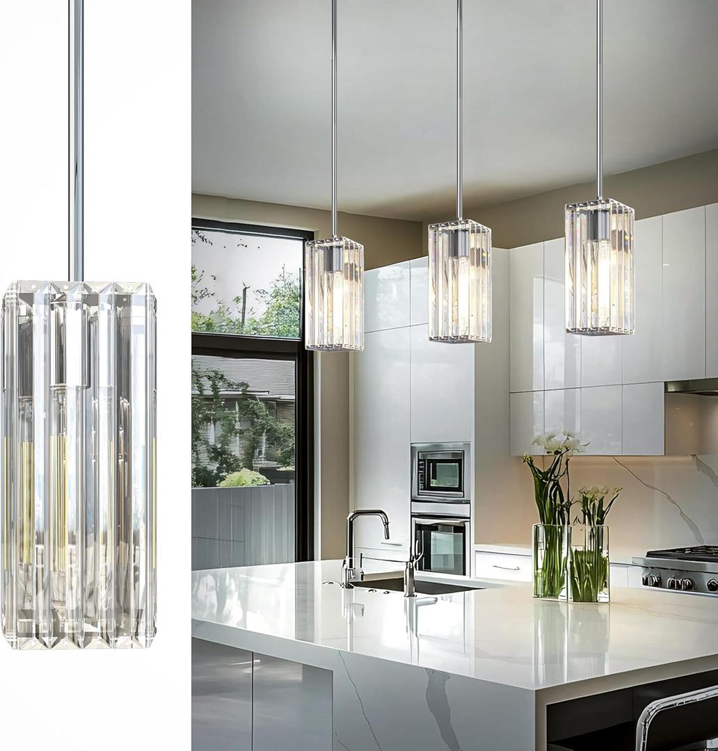 Crystal Pendant Lights for Kitchen Island - 10" Silvery Adjustable Chandelier, Dimmable E26 Hanging Fixture, Modern Lighting for Dining Bar (Chrome Silver-1Pack)